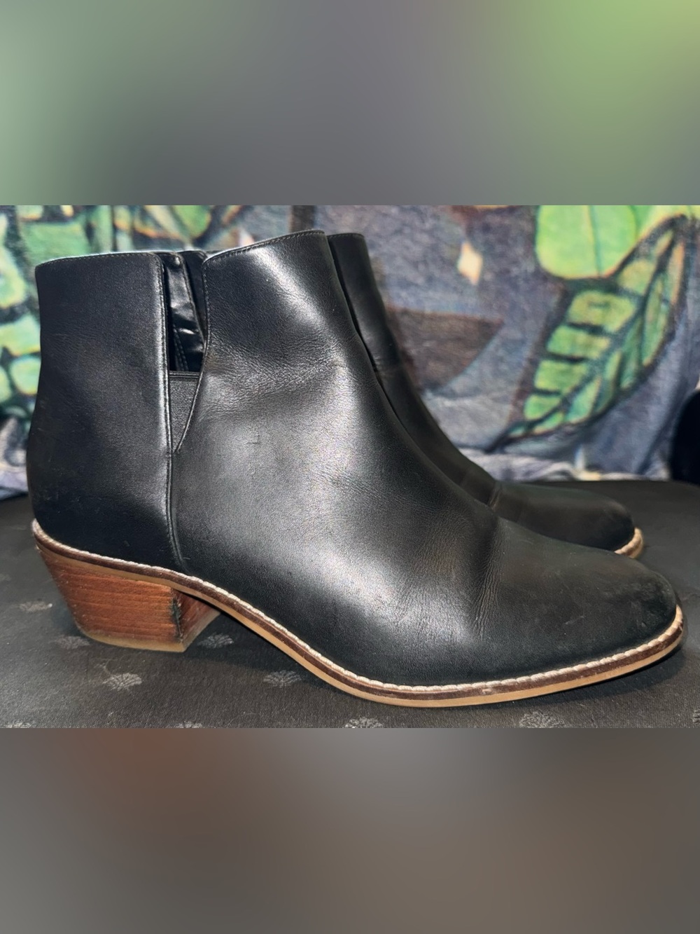 Cole Haan Black Leather Ankle Booties with Brown Stacked Heel